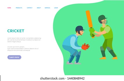Cricket game vector, people wearing special uniform with protective helmets, gloves and bats. Character in team, sportive men cricketers. Website or webpage template, landing page flat style