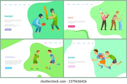Cricket and golf, football and rugby people playing different kinds of sport, leading healthy lifestyle. Boys with bats and equipment for games. Website or webpage template, landing page flat style