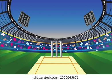 Cricket Ground |sports stadium with a green grass field shines with stars. Sports tournament, world championship| Sports stadium field view. Professional sports background for advertisement.