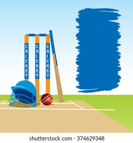 cricket ground with stump bat and ball , with message board design vector