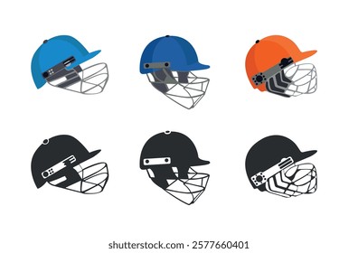 Cricket Helmet Clip Art Vector Illustration Design Set, Cricket Helmet equipment, Helmet Colorful 3D Cartoon Art. Best Left Site Cricket Helmet, Illustrations With White Background