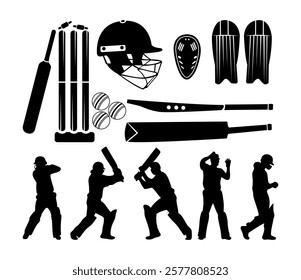 Cricket Helmet Gloves Stump With Cricket Gured Vector Clip Art Design Collection With White Background, Protective Helmet Stump And Pads, Ball Vector Set