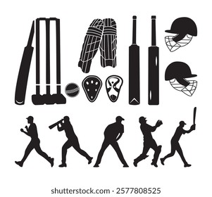 Cricket Helmet Gloves Stump With Cricket Gured Vector Clip Art Design Collection With White Background, Protective Helmet Stump And Pads, Ball Vector Set