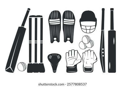 Cricket Helmet Gloves Stump With Cricket Gured Vector Clip Art Design Collection With White Background, Protective Helmet Stump And Pads, Ball Vector Set