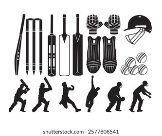 Cricket Helmet Gloves Stump With Cricket Gured Vector Clip Art Design Collection With White Background, Protective Helmet Stump And Pads, Ball Vector Set