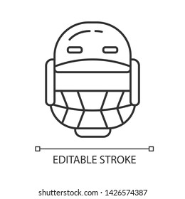 Cricket helmet linear icon. Head protection for batsman and fielders. Cricketer uniform. Protective gear. Thin line illustration. Contour symbol. Vector isolated outline drawing. Editable stroke