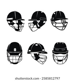 Cricket Helmet Vector Clip Art Outline Silhouette Set. Cricket Sport Helmet Minimal Isolated, Illustration Vector Collection.
