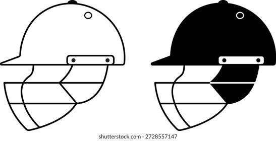 Vector y contorno del casco de cricket aislados en el fondo blanco, diseño de la ilustración del icono de la silueta del casco.