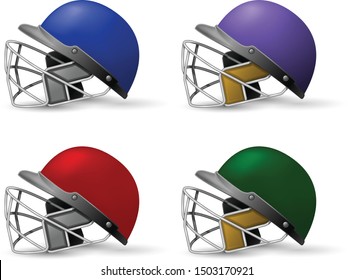 Cricket helmets set with protective grill, cricket headpiece side view