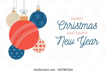 Cricket holiday banner. Merry Christmas and Happy New Year flat cartoon Sports greeting card. Cricket ball as a Christmas ball on background. Vector illustration.