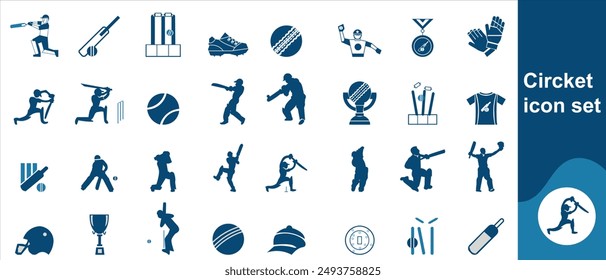 Cricket icon set contains beautiful icons of cricket bat, field, referee, players and more.