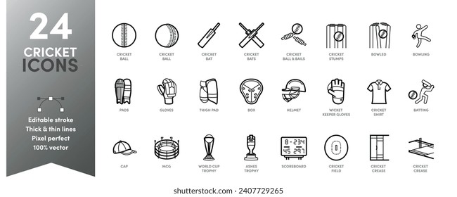 Cricket Icon Set with ditable stroke thickness. Perfect for logos, stats and infographics. Change the thickness of the line in any vector capable app.