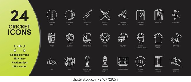 Cricket Icon Set with ditable stroke thickness. Perfect for logos, stats and infographics. Change the thickness of the line in any vector capable app.