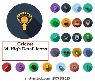 Juego de iconos de cricket. Diseño Plano Con Sombra Larga. Ilustración vectorial.