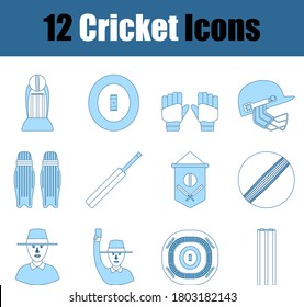 Cricket Icon Set. Thin Line With Blue Fill Design. Vector Illustration.