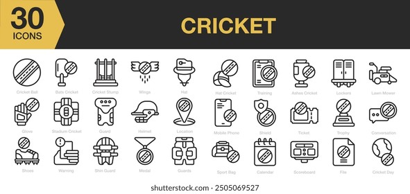 Juegos de iconos de cricket. Incluye pelota de cricket, murciélagos de cricket, tocón de cricket, alas, sombrero y más. Colección de Vector de iconos de contorno.