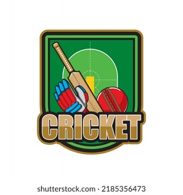 Cricket icon with sport field and sport items. Vector cricketers club symbol. Cricket championship icon or league tournament sign with ball, bat and player glove on field stadium