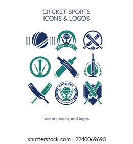 Cricket Icons and Logos, Ball Sport Vector Illustration, 9 Set Images, Adobe Illustrator, Blue and Green Designs, Widgets, Emoji, Emoticon. Perfect for Infographic, Powerpoint, and Presentations