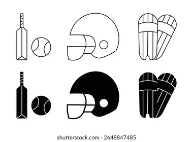 Ícones de críquete. Conjunto de ícones relacionados ao críquete. Bola, Morcego, luvas, padrinho, capacete, wicket. morcego e ícone de bola definir linha e isolado no fundo branco
