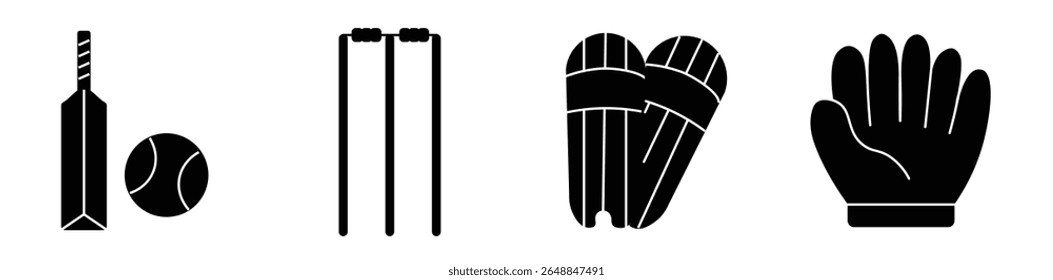 Ícones de críquete. Conjunto de ícones relacionados ao críquete. Bola, Morcego, luvas, padrinho, capacete, wicket. morcego e ícone de bola definir linha e isolado no fundo branco
