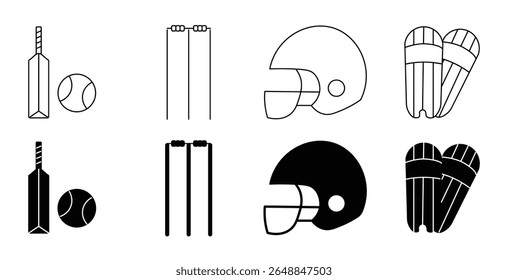 Ícones de críquete. Conjunto de ícones relacionados ao críquete. Bola, Morcego, luvas, padrinho, capacete, wicket. morcego e ícone de bola definir linha e isolado no fundo branco
