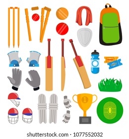 Cricket Icons Set Vector. Cricketer Accessories. Bat, Gloves, Helmet, Ball, Cup, Playing Field. Isolated Flat Cartoon Illustration