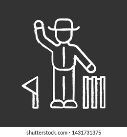 Cricket judge chalk icon. Umpire signals decision. Arbitrator follow game. Man in uniform, flag and wicket. Sport competition, tournament. Sports activity. Isolated vector chalkboard illustration