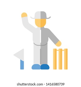 Cricket judge flat design long shadow color icon. Umpire signals decision. Arbitrator follow game. Man in uniform, flag and wicket. Outdoor sports activity. Vector silhouette illustration