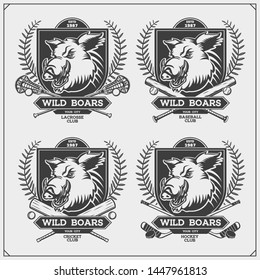 Cricket, lacrosse, baseball and hockey logos and labels. Sport club emblems with wild boar. Print design for t-shirt.