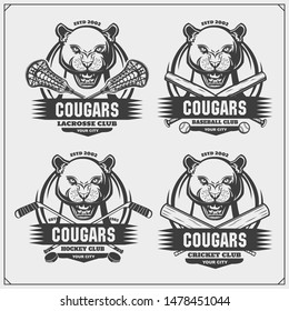 Cricket, lacrosse, baseball and hockey logos and labels. Sport club emblems with cougars. Print design for t-shirt.