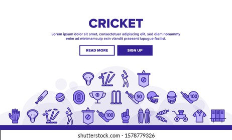 Cricket Landing Web Page Header Banner Template Vector. Player Silhouette And Helmet, Ball And Bat, Goblet And Cricket Equipment Illustration