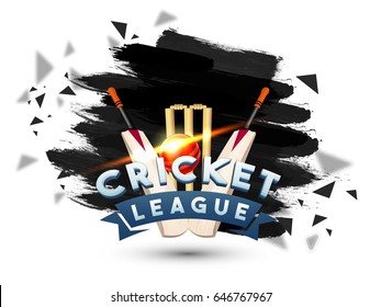 Cricket League abstract brush stroke background with bats, glossy ball and wicket stumps.
