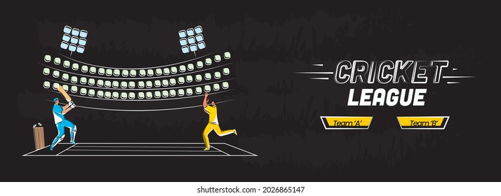 Banner De La Liga De Cricket O Diseño De Cabeceras Con Bateador, Personaje De Bowler Jugando A La Oposición En El Estadio, Vista Del Fondo Negro.