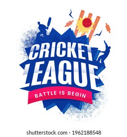 Cricket League Battle Is Begin Concept With Ball Hitting Wicket, Silhouette Cricketer Players On Abstract Blue And White Background.