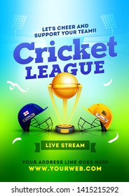 Cricket League between two team, Cricket match poster or flyer design. Cricket helmet and ball on green and blue background with unique cricket sport font.