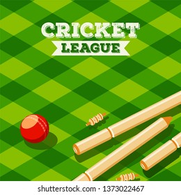 Cricket League concept based design with illustration of cricket ball and wicket stumps on green tartan background.