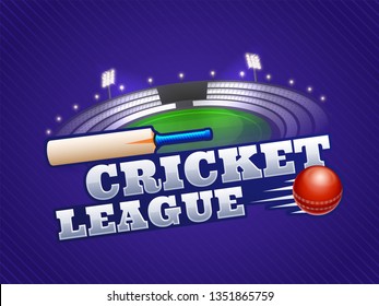 Cricket League concept with bird-eye view of a stadium, bat and ball, Night background.