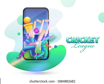 Cricket League Concept With Cartoon Batsman, Bowler Character And Golden Trophy Cup In Smartphone Screen.