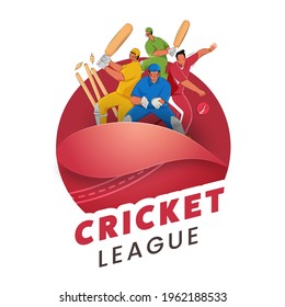 Cricket League Concept With Cartoon Cricketer Players In Action Pose On White And Red Ball Background.