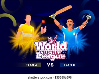 Cricket league concept with opponent team players illustrations on dark background.