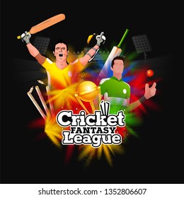 Cricket league concept with opponent team players illustrations on dark background.