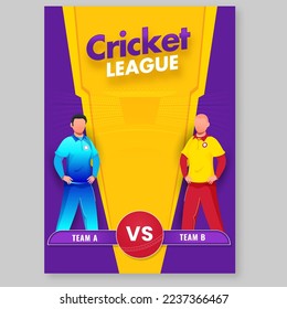 Cricket League Flyer Design With Faceless Cricketer Players Of Participating Team A VS B On Orange And Purple Background.