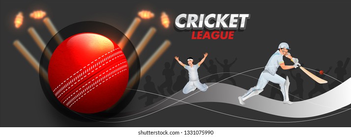 Cricket League header or banner design with illustration of cricket players in playing pose and cricket equipment on black background.