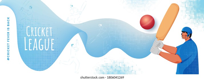 Cricket League Header or Banner Design with Cricketers Player and Equipment on Abstract Wave Halftone Effect Background.