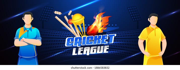Cricket League Header Or Banner Design With Two Players Character Of Participate Team On Blue Stadium Background.