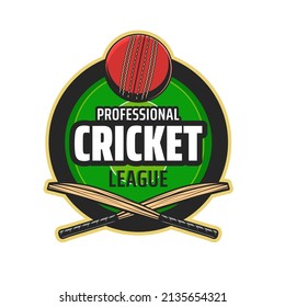 Cricket league icon with ball and crossed bats. Sport game competition sticker, professional league vector emblem or round symbol. Cricket club, sport team vintage vintage icon