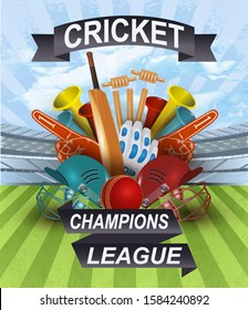 Cricket League poster. Abstract  concept of Cricket  equipments on stadium and green field background.