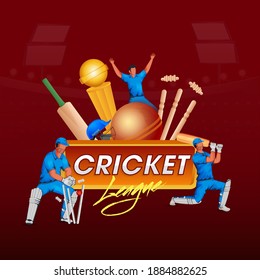 Cricket League Poster Design With Cartoon Players In Action Poses And 3D Equipments On Red Background.
