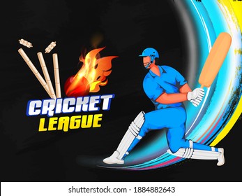Cricket League Poster Design With Cartoon Batsman In Playing Pose On Black Background.