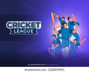 Cricket League Poster Design with Faceless Character of Cricket Player Team in Different Poses.